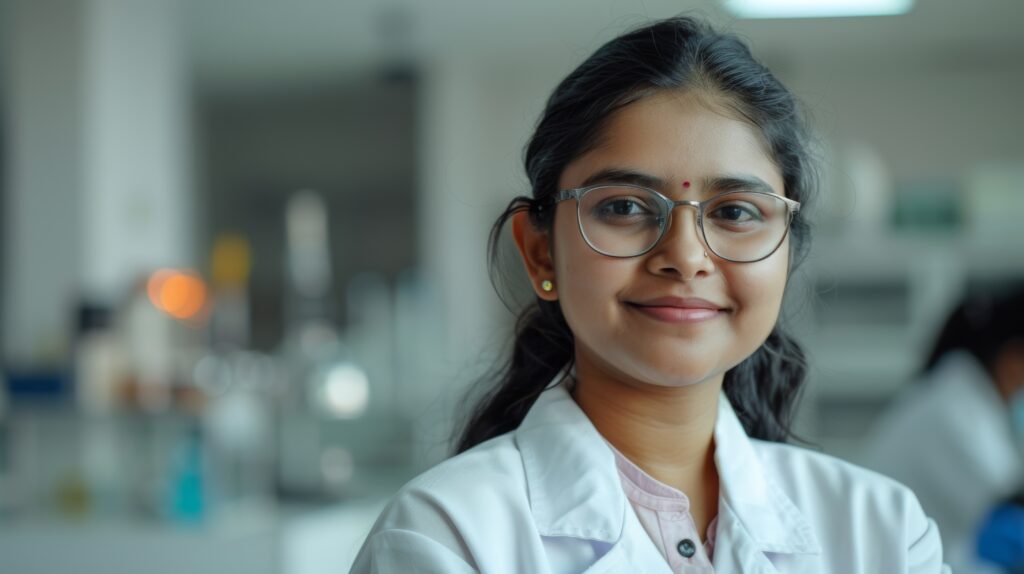 How to Apply for Government Scholarships for Medical Students? 5 indian female specialist wearing lab coat glasses poses portrait university laboratory this professional successful woman is chemistry student working as engineer